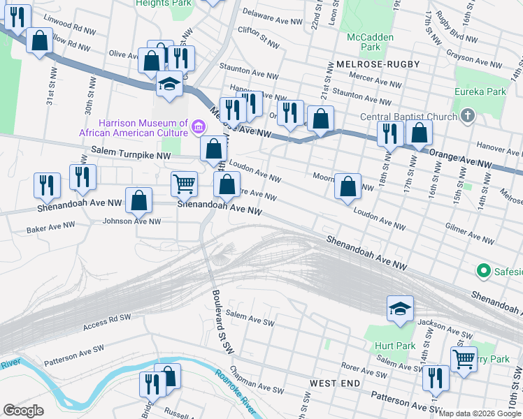 map of restaurants, bars, coffee shops, grocery stores, and more near 203 22nd Street Northwest in Roanoke