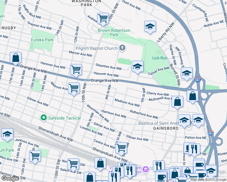 map of restaurants, bars, coffee shops, grocery stores, and more near 918 7th Street Northwest in Roanoke