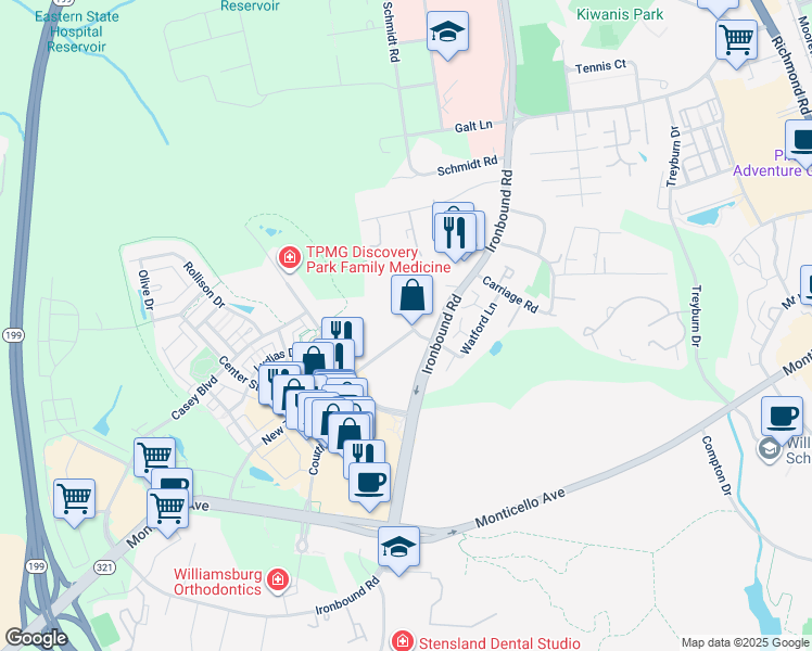 map of restaurants, bars, coffee shops, grocery stores, and more near 101 Glynn Springs Drive in Williamsburg