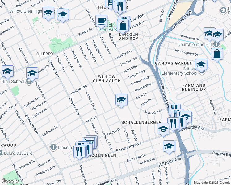 map of restaurants, bars, coffee shops, grocery stores, and more near 2540 Marsha Way in San Jose