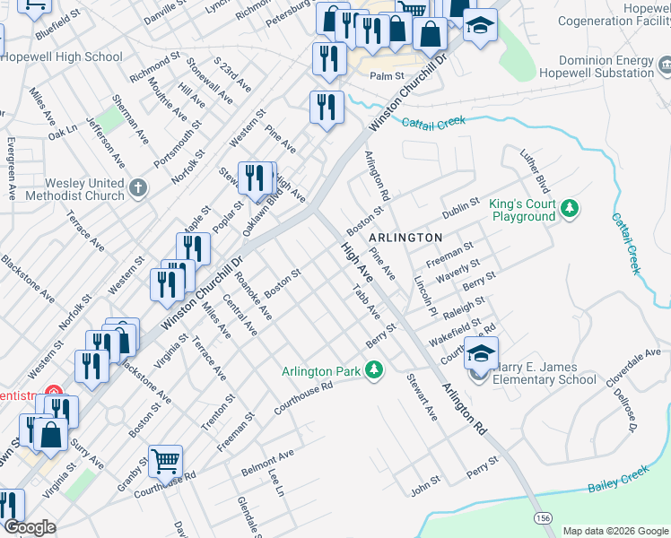 map of restaurants, bars, coffee shops, grocery stores, and more near 1301 Tabb Avenue in Hopewell