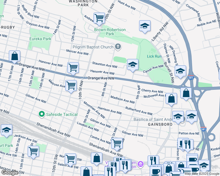 map of restaurants, bars, coffee shops, grocery stores, and more near 918 7th Street Northwest in Roanoke