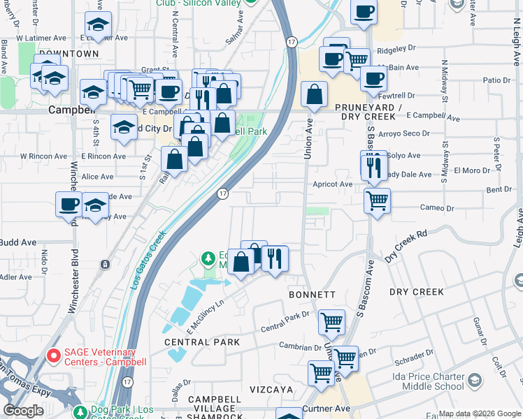map of restaurants, bars, coffee shops, grocery stores, and more near 265 Union Avenue in Campbell