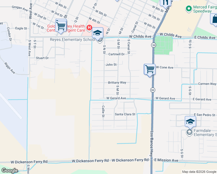 map of restaurants, bars, coffee shops, grocery stores, and more near 661 Barbara Court in Merced
