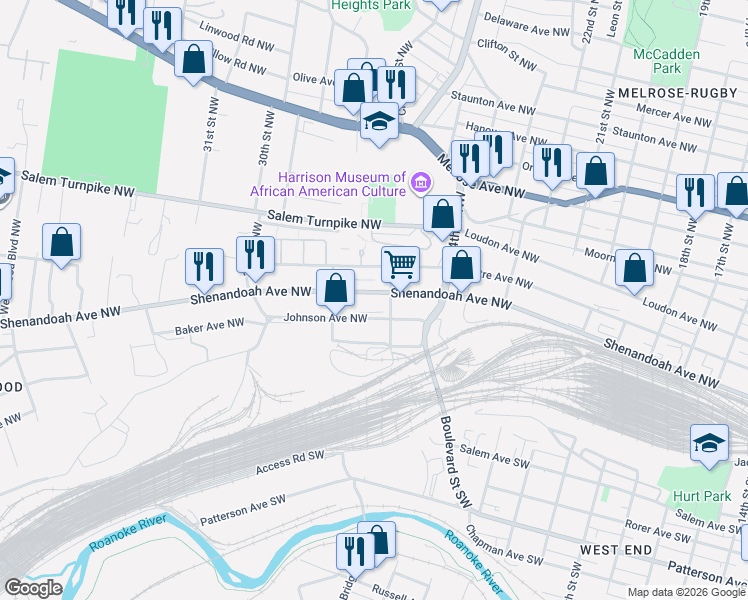 map of restaurants, bars, coffee shops, grocery stores, and more near 2514 Shenandoah Avenue Northwest in Roanoke