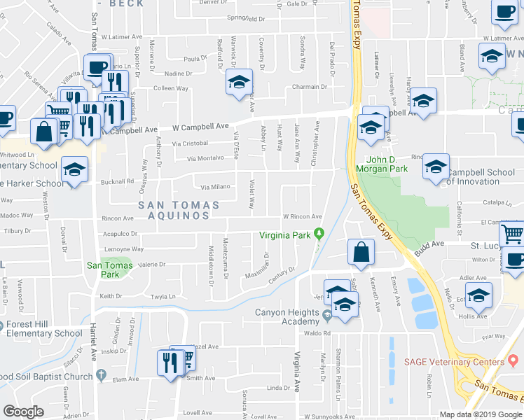 map of restaurants, bars, coffee shops, grocery stores, and more near 2183 Abbey Lane in Campbell