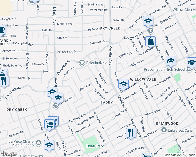 map of restaurants, bars, coffee shops, grocery stores, and more near 2218 Constitution Drive in San Jose