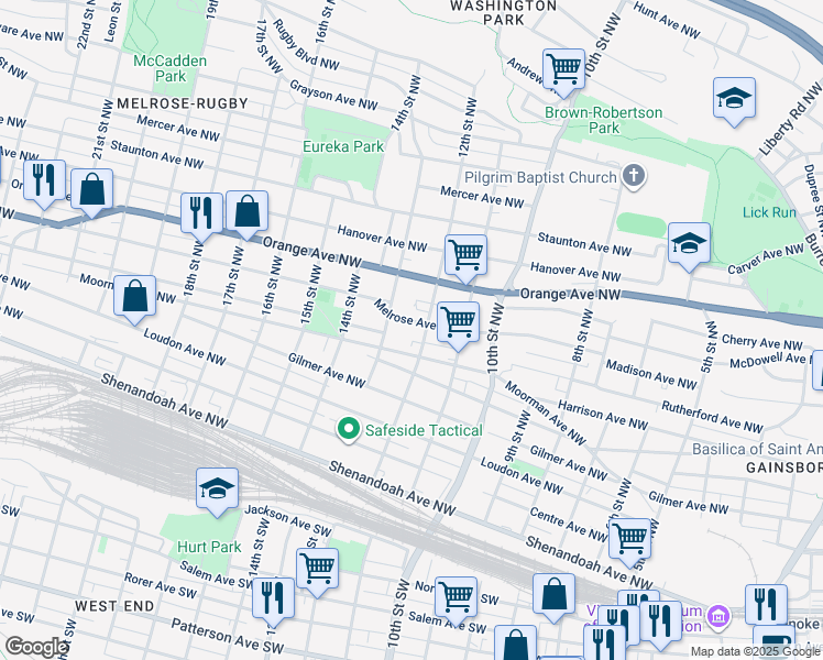map of restaurants, bars, coffee shops, grocery stores, and more near 1202-1206 Melrose Avenue Northwest in Roanoke