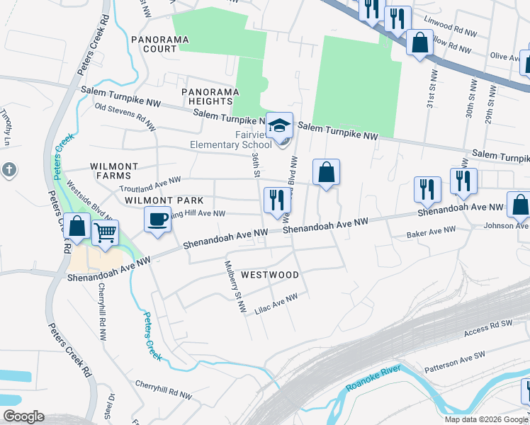 map of restaurants, bars, coffee shops, grocery stores, and more near 525 36th Street in Roanoke