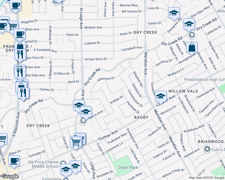 map of restaurants, bars, coffee shops, grocery stores, and more near 2172 Northampton Drive in San Jose