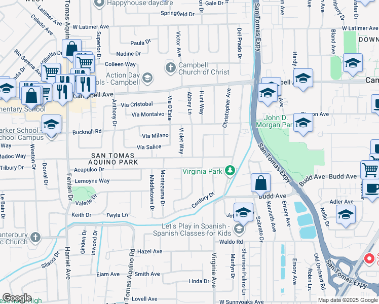 map of restaurants, bars, coffee shops, grocery stores, and more near 2183 Abbey Lane in Campbell