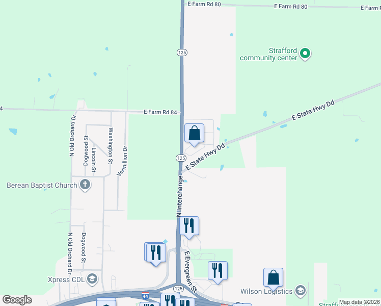 map of restaurants, bars, coffee shops, grocery stores, and more near 700-886 State Highway 125 in Strafford