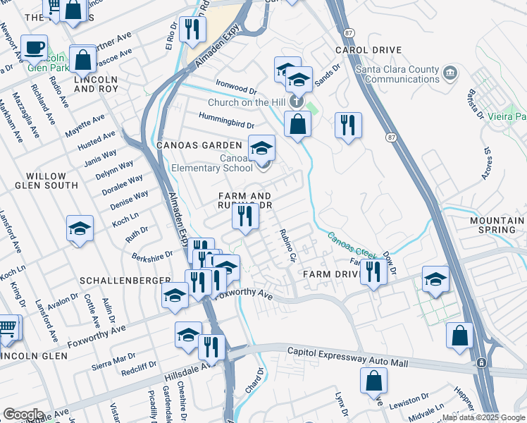 map of restaurants, bars, coffee shops, grocery stores, and more near 2871 Rubino Circle in San Jose