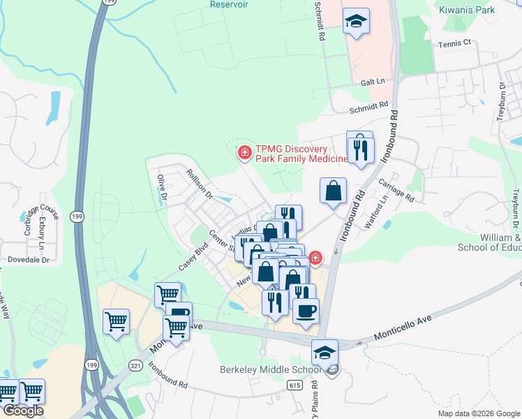 map of restaurants, bars, coffee shops, grocery stores, and more near 4261 Casey Boulevard in Williamsburg
