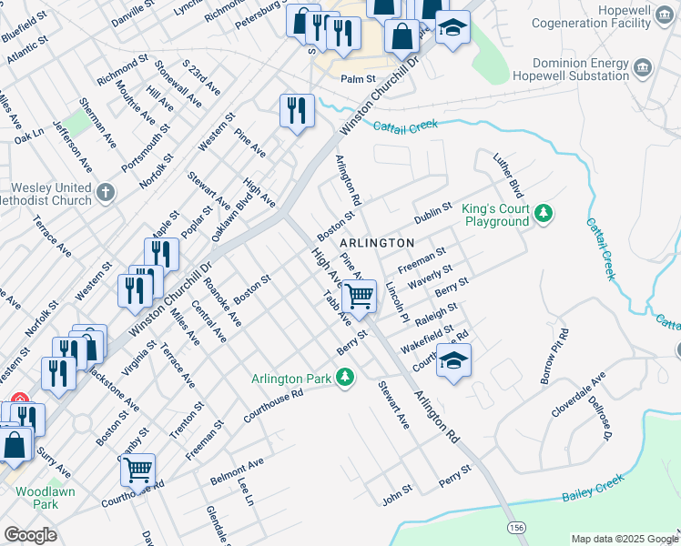 map of restaurants, bars, coffee shops, grocery stores, and more near 1307 High Avenue in Hopewell