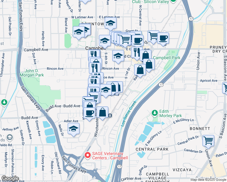 map of restaurants, bars, coffee shops, grocery stores, and more near Kennedy Avenue in Campbell