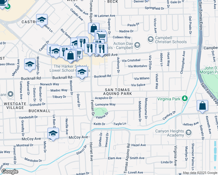 map of restaurants, bars, coffee shops, grocery stores, and more near 2175 La Miel Way in Campbell