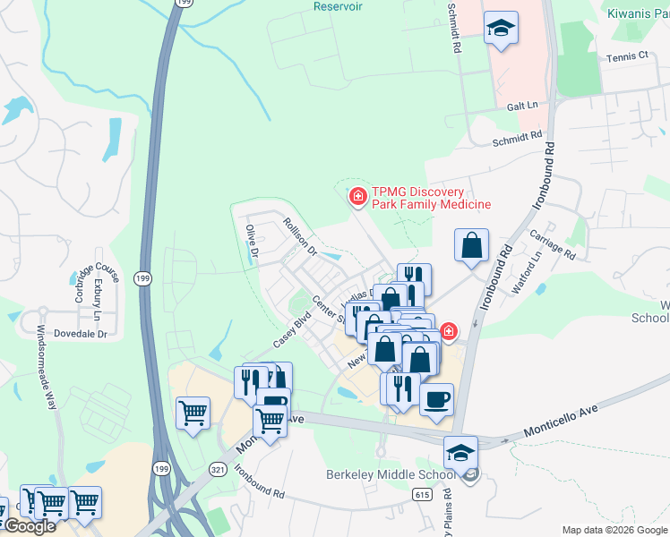 map of restaurants, bars, coffee shops, grocery stores, and more near 4300 Annamary Way in Williamsburg