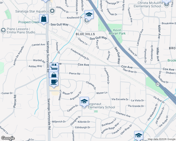 map of restaurants, bars, coffee shops, grocery stores, and more near 12791 Woodmont Drive in Saratoga