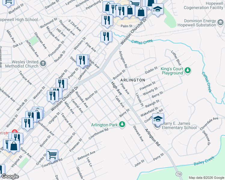 map of restaurants, bars, coffee shops, grocery stores, and more near 1301 Tabb Avenue in Hopewell