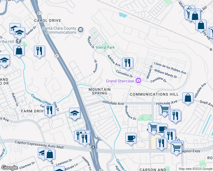 map of restaurants, bars, coffee shops, grocery stores, and more near 3051 Teal Ridge Court in San Jose