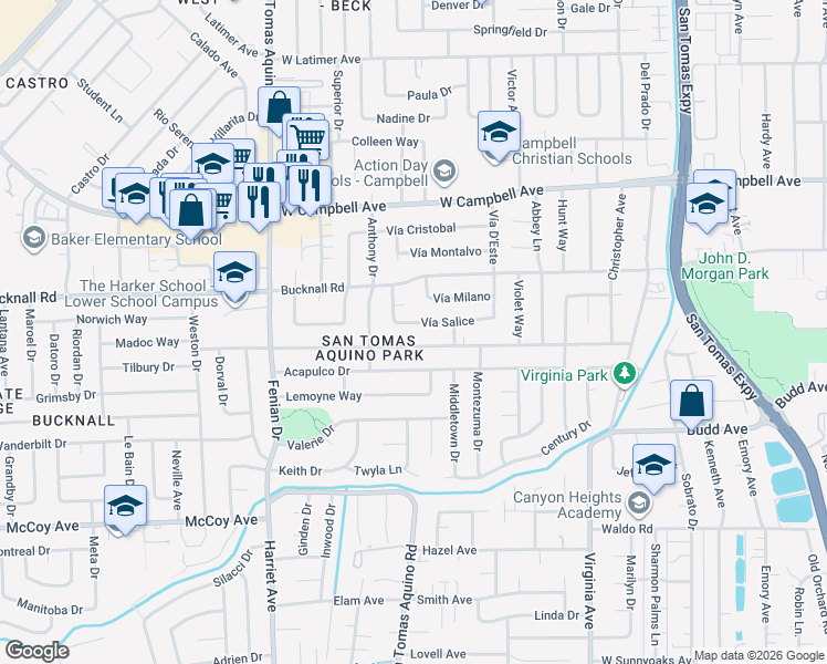 map of restaurants, bars, coffee shops, grocery stores, and more near 3956 Vía Salice in Campbell