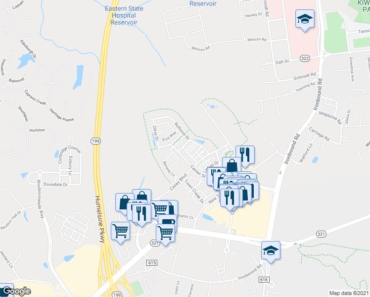 map of restaurants, bars, coffee shops, grocery stores, and more near 4416 Julies Way in Williamsburg