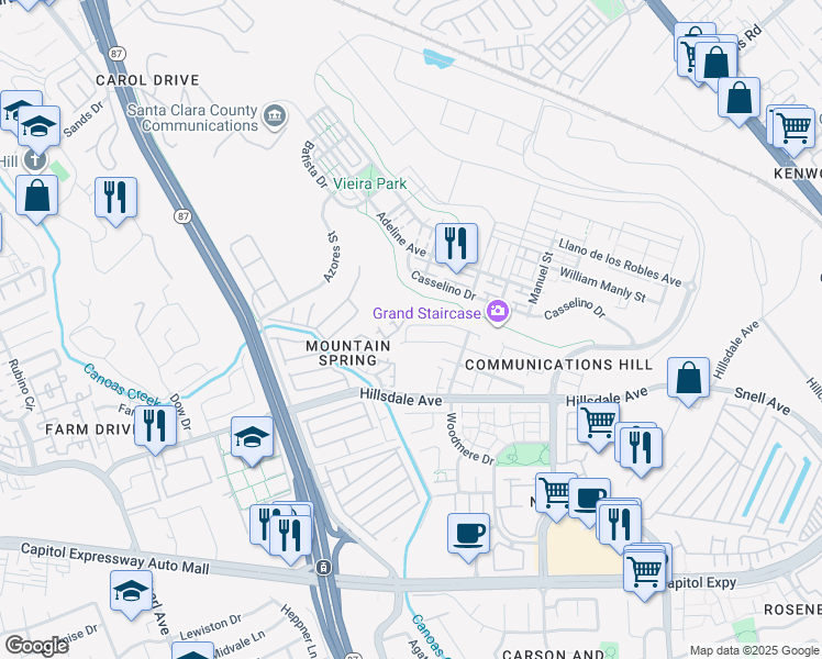 map of restaurants, bars, coffee shops, grocery stores, and more near 620 King George Avenue in San Jose