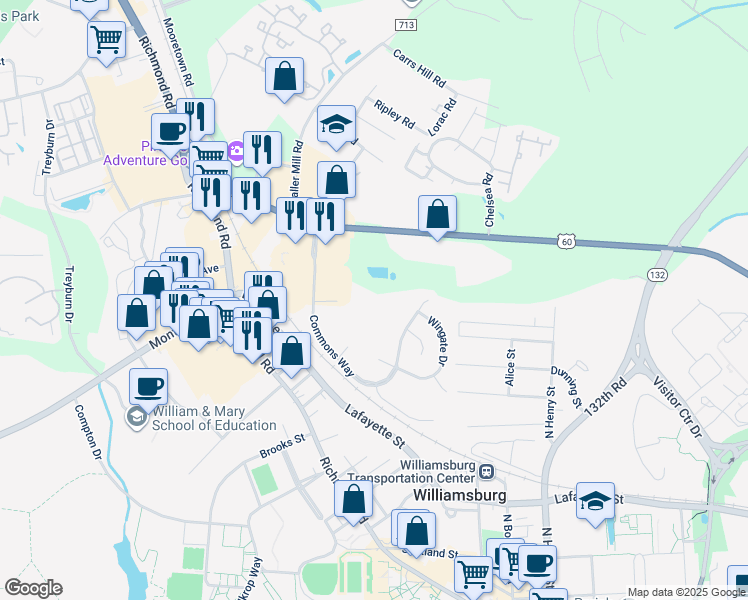 map of restaurants, bars, coffee shops, grocery stores, and more near 111 Stratford Drive in Williamsburg