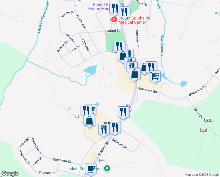 map of restaurants, bars, coffee shops, grocery stores, and more near 111 Cabell's Court in Farmville