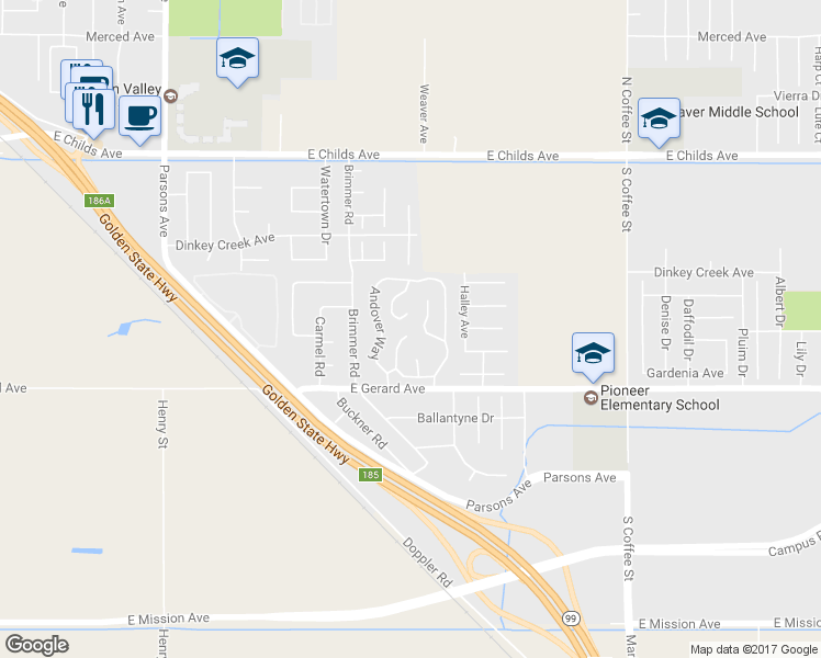 map of restaurants, bars, coffee shops, grocery stores, and more near 2499 East Gerard Avenue in Merced