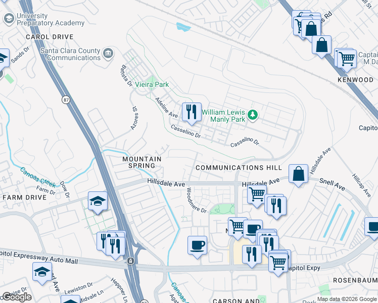 map of restaurants, bars, coffee shops, grocery stores, and more near 540 King George Avenue in San Jose