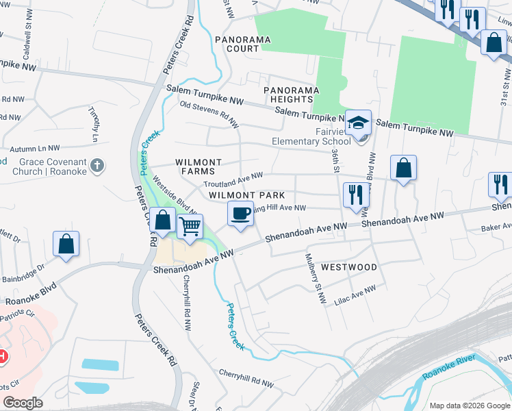 map of restaurants, bars, coffee shops, grocery stores, and more near 3761 Rolling Hill Avenue Northwest in Roanoke