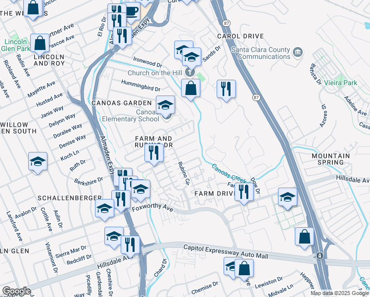 map of restaurants, bars, coffee shops, grocery stores, and more near 844 Dederick Court in San Jose