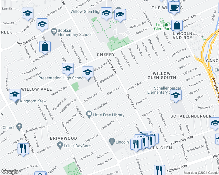 map of restaurants, bars, coffee shops, grocery stores, and more near 1510 Darlene Avenue in San Jose