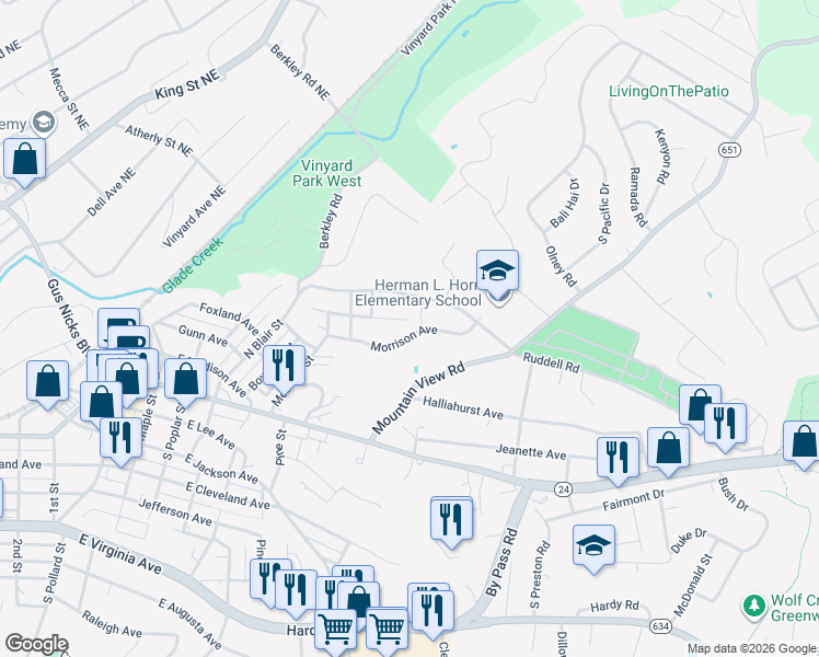 map of restaurants, bars, coffee shops, grocery stores, and more near 812 Morrison Avenue in Vinton