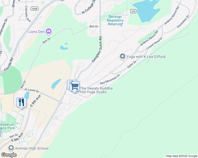 map of restaurants, bars, coffee shops, grocery stores, and more near 221 Jenkins Ranch Road in Durango
