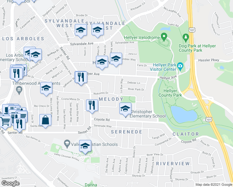 map of restaurants, bars, coffee shops, grocery stores, and more near 691 Nokomis Drive in San Jose