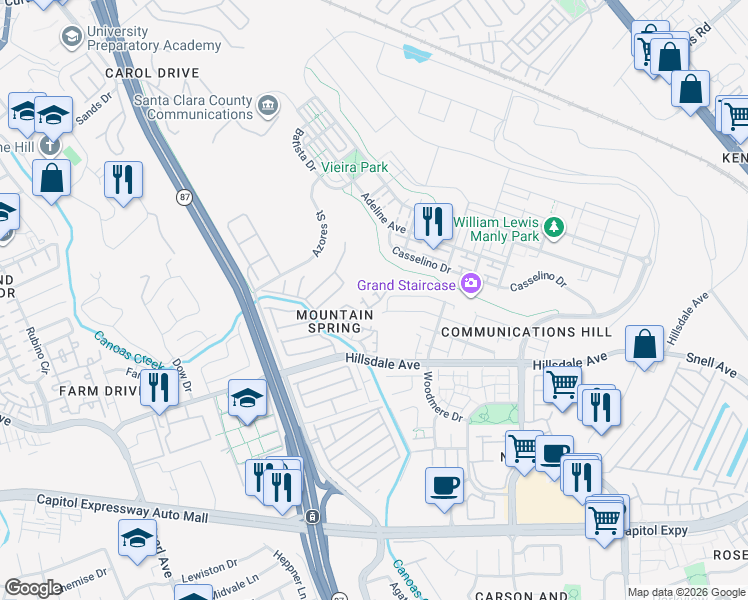 map of restaurants, bars, coffee shops, grocery stores, and more near 620 King George Avenue in San Jose