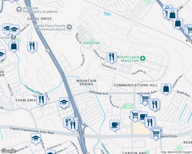 map of restaurants, bars, coffee shops, grocery stores, and more near 620 King George Avenue in San Jose