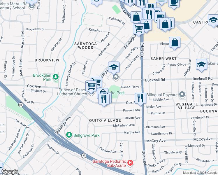 map of restaurants, bars, coffee shops, grocery stores, and more near 18900 Sara Park Circle in Saratoga