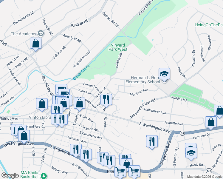 map of restaurants, bars, coffee shops, grocery stores, and more near 507 Meadow Street in Vinton