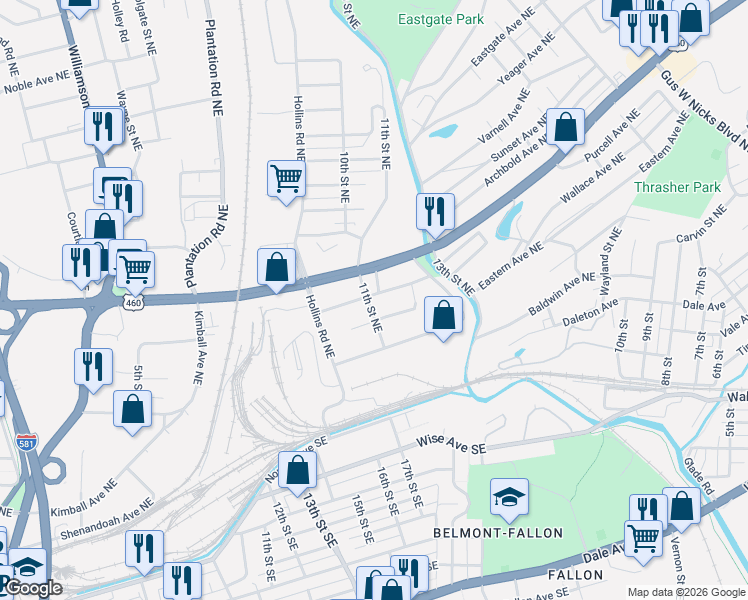 map of restaurants, bars, coffee shops, grocery stores, and more near 1201 McDowell Avenue Northeast in Roanoke
