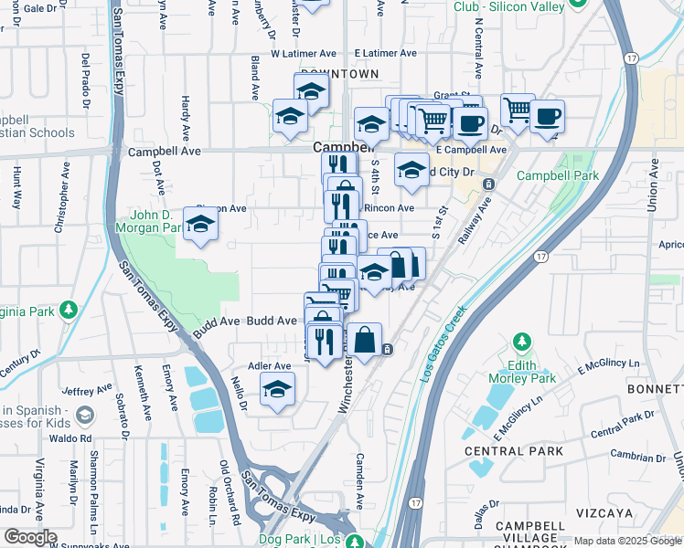 map of restaurants, bars, coffee shops, grocery stores, and more near 2255 South Winchester Boulevard in Campbell