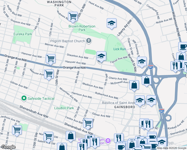 map of restaurants, bars, coffee shops, grocery stores, and more near 552 Chestnut Avenue Northwest in Roanoke