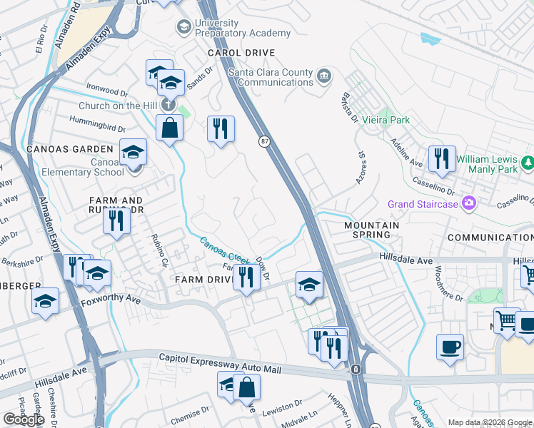 map of restaurants, bars, coffee shops, grocery stores, and more near 797 Canoas Creek Circle in San Jose