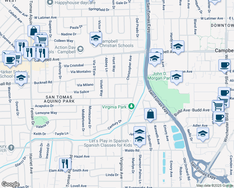 map of restaurants, bars, coffee shops, grocery stores, and more near 306 Wren Way in Campbell