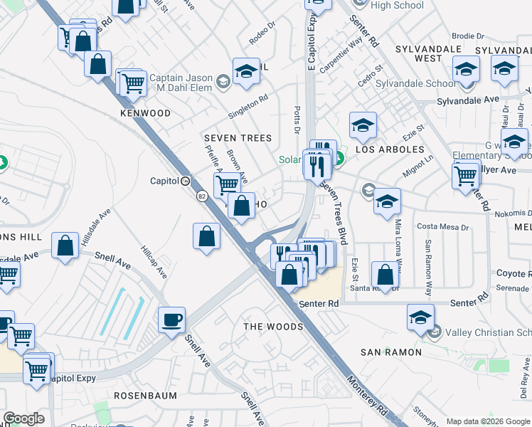 map of restaurants, bars, coffee shops, grocery stores, and more near in San Jose