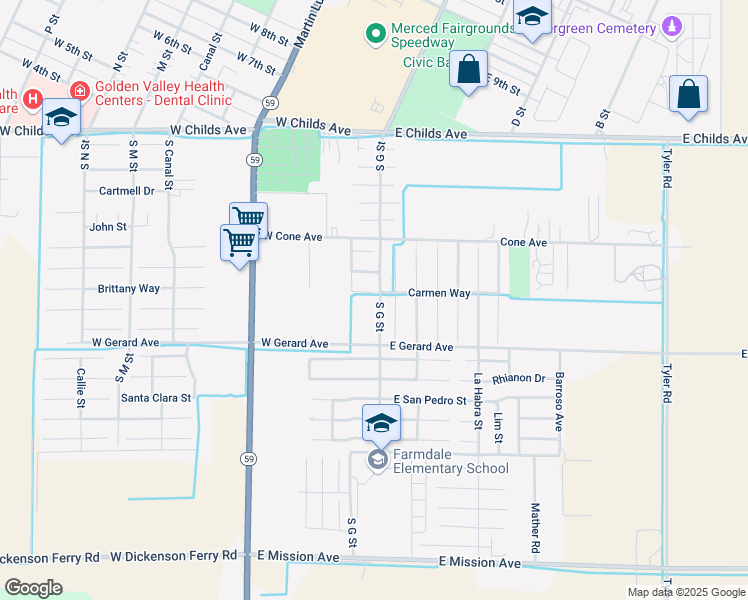 map of restaurants, bars, coffee shops, grocery stores, and more near 64 Belize Court in Merced