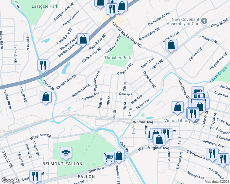 map of restaurants, bars, coffee shops, grocery stores, and more near 805 Dale Avenue in Vinton